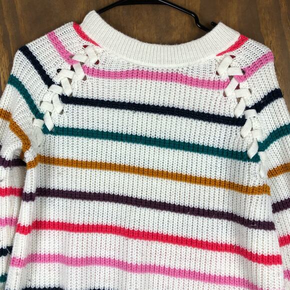 So Womens Sweater White Multicolored Striped Knitted Long Sleeve Large - Picture 2 of 12
